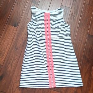 J Howard Blue & White Striped Sleeveless Dress with Pink Embroidery size16